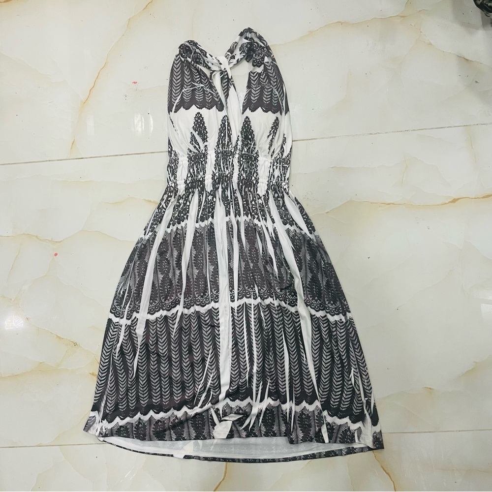 Vintage Black and White Lace Printed Mini Dress Criss Cross Back Womens Size S